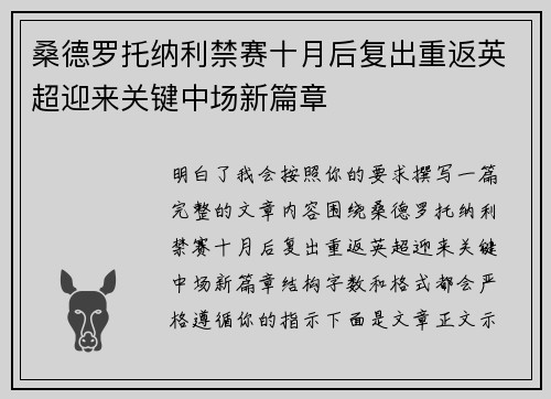 桑德罗托纳利禁赛十月后复出重返英超迎来关键中场新篇章